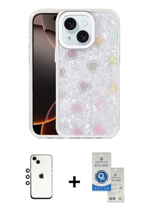 ieg™ iPhone 14 Kılıf Odak Prime - Şeffaf Royal Nano Ekran Koruyucu + Gökkuşağı Shine Kamera Lens