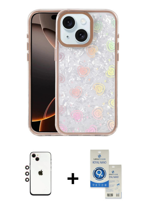 ieg™ iPhone 14 Kılıf Odak Prime - Şeffaf Royal Nano Ekran Koruyucu + Gökkuşağı Shine Kamera Lens