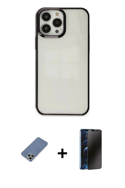 ieg™ iPhone 13 Pro Max Kılıf Doruk Doku Prime - Siyah 3D Antistatik Hayalet Cam Ekran Koruyucu + Açı