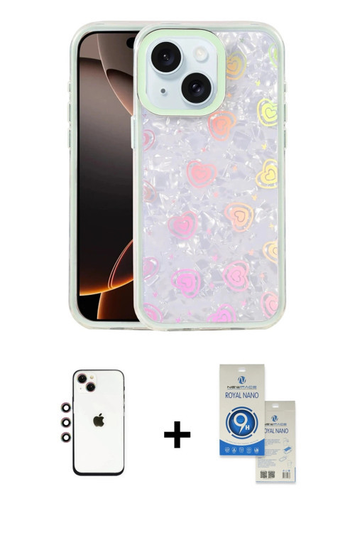 ieg™ iPhone 14 Kılıf Odak Prime - Şeffaf Royal Nano Ekran Koruyucu + Gökkuşağı Shine Kamera Lens