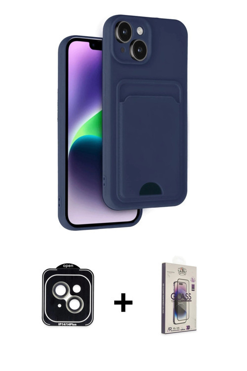 ieg™ iPhone 14 Kılıf Vadi Çizgi Prime - Siyah Bilvis 3D Cam Ekran Koruyucu + Yeşil PVD Metal Kamera
