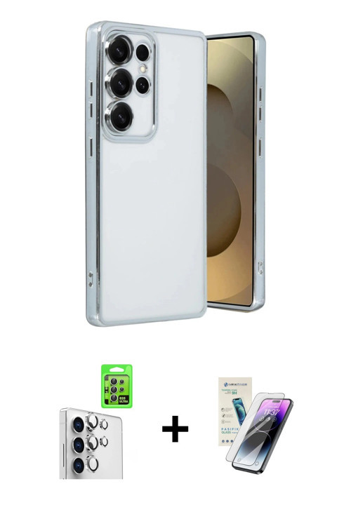 ieg™ Galaxy S25 Ultra Kılıf Vadi Minimal - Şeffaf Pasifik Cam Ekran Koruyucu + Gümüş Raze Metal Kame