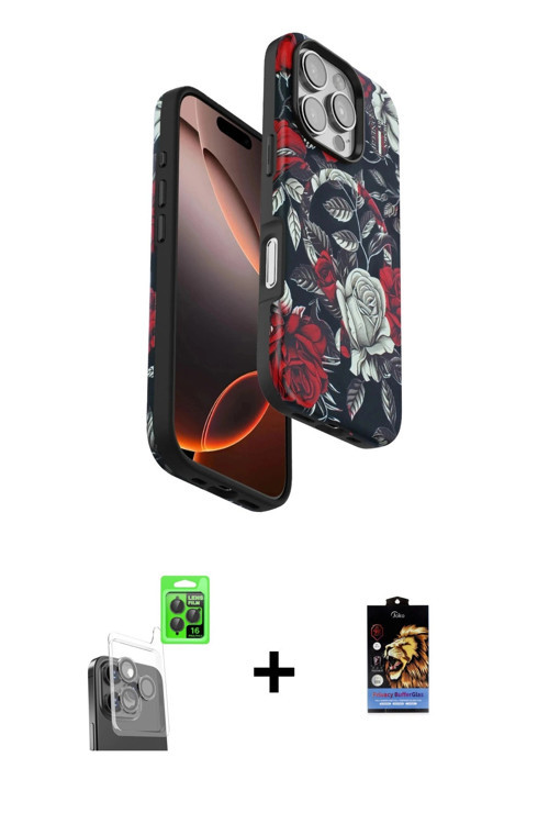 ieg™ iPhone 16 Pro Max Kılıf Siluet Doku - Siyah Buffer Hayalet Cam Ekran Koruyucu + Siyah Raze Meta
