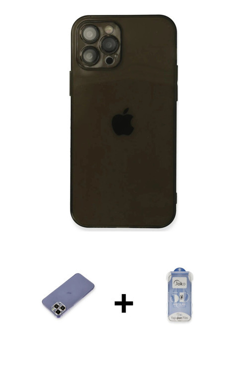 ieg™ iPhone 12 Pro Max Kılıf Ahenk Doku - Siyah Joko Magic 5D Cam + Gold Metal Kamera Lens Koruma Ca