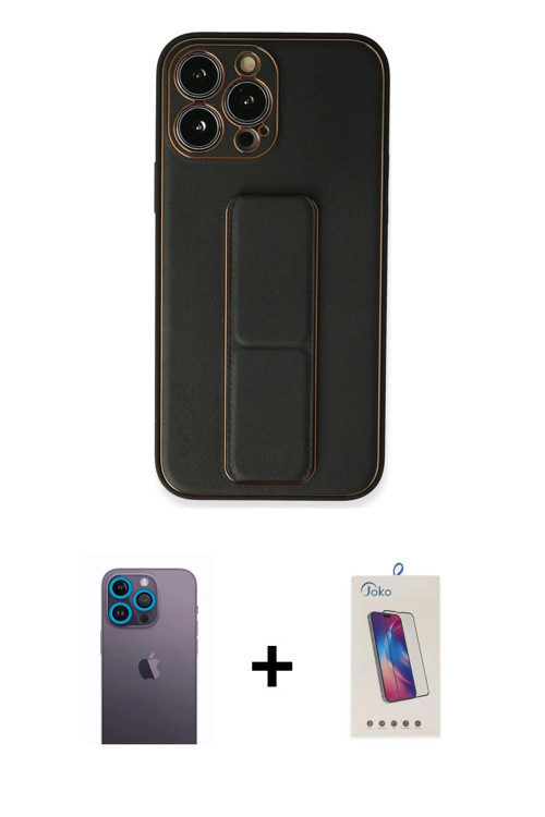 ieg™ iPhone 13 Pro Max Kılıf Akış Doku - Siyah Joko 5D Cam + Mavi Neon Fosforlu Kamera Lens