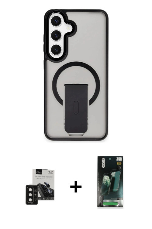 ieg™ Galaxy S24 Kılıf Pusula Doku Koleksiyonu - Siyah 360 Mat Full Body Arka Koruyucu + Siyah PVD Me