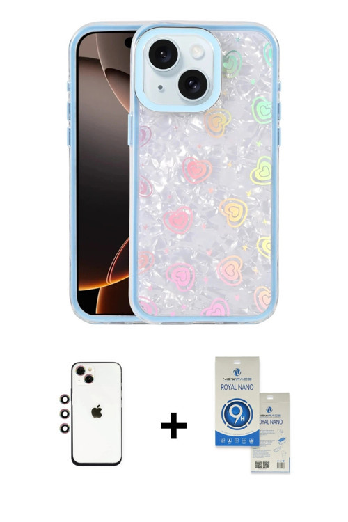 ieg™ iPhone 14 Kılıf Odak Prime - Şeffaf Royal Nano Ekran Koruyucu + Gökkuşağı Shine Kamera Lens