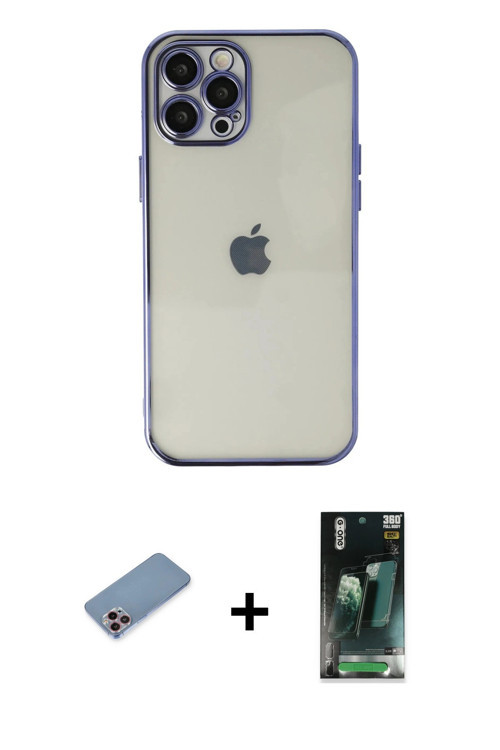 ieg™ iPhone 12 Pro Kılıf Vadi Minimal - Siyah 360 Mat Full Body Arka Koruyucu + Pembe Shine Kamera L