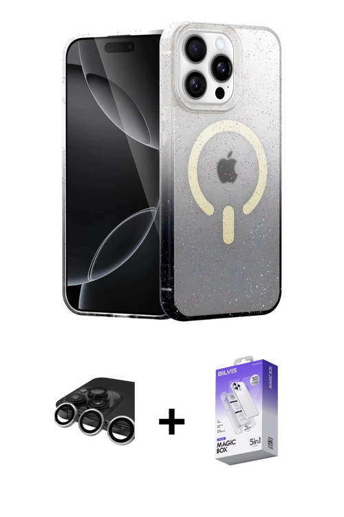 ieg™ iPhone 15 Pro Kılıf Eksen Minimal Özel Seri - Siyah Bilvis 5in1 3D Magic Cam Ekran Koruyucu + G