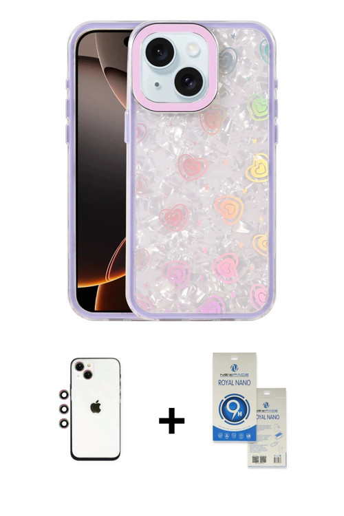 ieg™ iPhone 14 Kılıf Odak Prime - Şeffaf Royal Nano Ekran Koruyucu + Gökkuşağı Shine Kamera Lens
