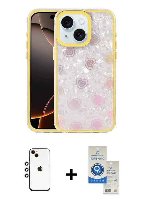 ieg™ iPhone 14 Kılıf Odak Prime - Şeffaf Royal Nano Ekran Koruyucu + Gökkuşağı Shine Kamera Lens