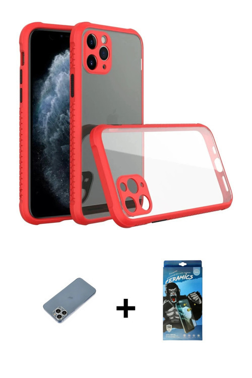 ieg™ iPhone 11 Pro Kılıf Nova Asil Özel Seri - Siyah 34D Izgaralı Cam + Gümüş Shine Kamera Lens Koru