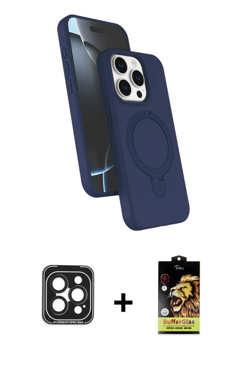 ieg™ iPhone 15 Pro Max Kılıf İz Işık Koleksiyonu - Siyah Buffer Cam Ekran Koruyucu + Siyah PVD Metal