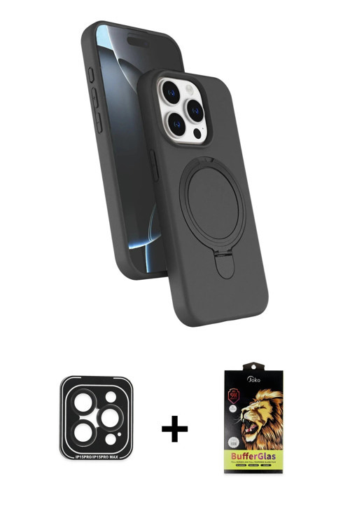 ieg™ iPhone 15 Pro Max Kılıf İz Işık Koleksiyonu - Siyah Buffer Cam Ekran Koruyucu + Siyah PVD Metal