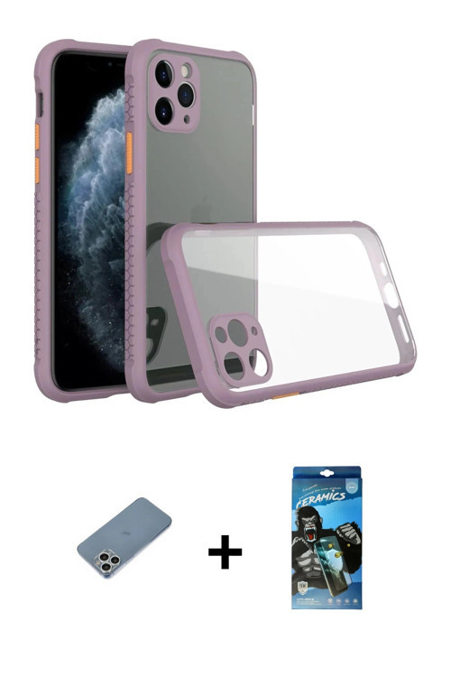 ieg™ iPhone 11 Pro Kılıf Nova Asil Özel Seri - Siyah 34D Izgaralı Cam + Gümüş Shine Kamera Lens Koru