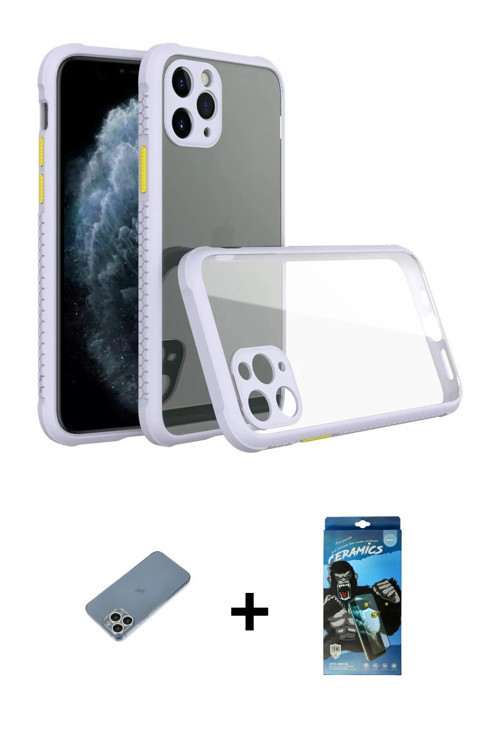 ieg™ iPhone 11 Pro Kılıf Nova Asil Özel Seri - Siyah 34D Izgaralı Cam + Gümüş Shine Kamera Lens Koru