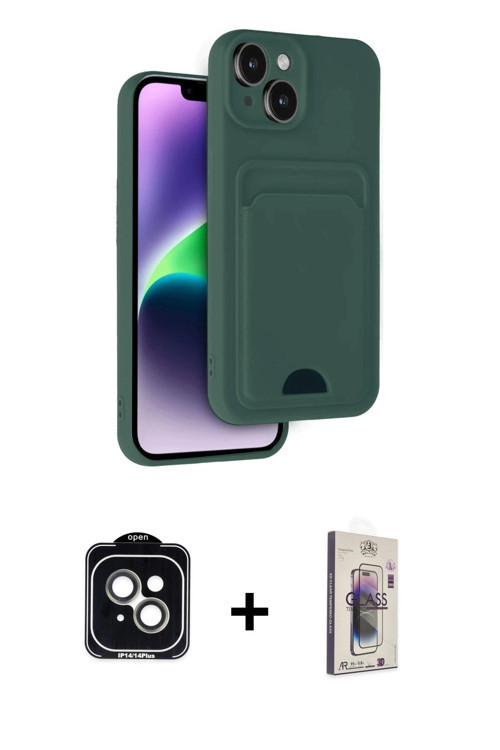ieg™ iPhone 14 Kılıf Vadi Çizgi Prime - Siyah Bilvis 3D Cam Ekran Koruyucu + Yeşil PVD Metal Kamera