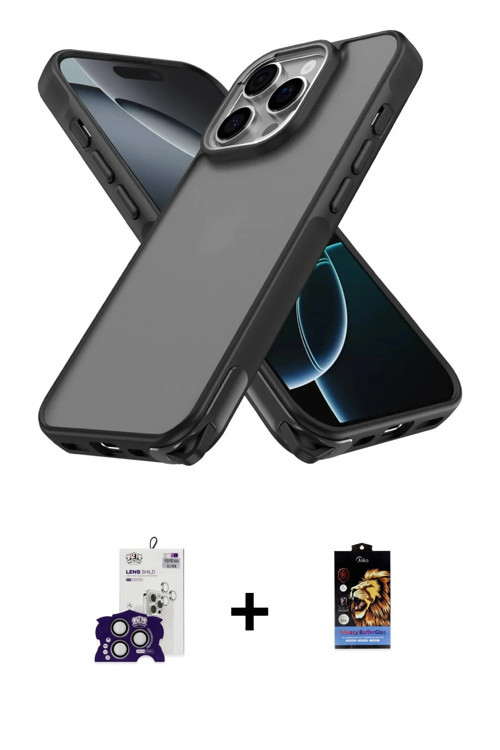ieg™ iPhone 16 Pro Max Kılıf Atlas Form - Siyah Buffer Hayalet Cam Ekran Koruyucu + Titanyum Gri Bil