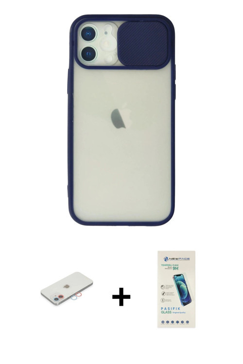 ieg™ iPhone 12 Kılıf Vadi Çizgi - Şeffaf Pasifik Cam Ekran Koruyucu + Pembe Renkli Kamera Lens Korum