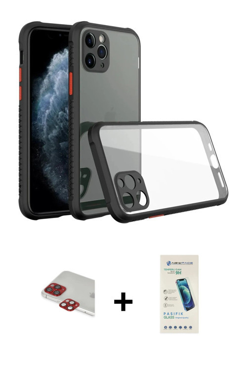 ieg™ iPhone 11 Pro Max Kılıf Nova Asil Özel Seri - Şeffaf Pasifik Cam Ekran Koruyucu + Kırmızı Pers