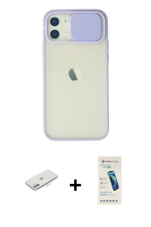 ieg™ iPhone 12 Kılıf Vadi Çizgi - Şeffaf Pasifik Cam Ekran Koruyucu + Pembe Renkli Kamera Lens Korum