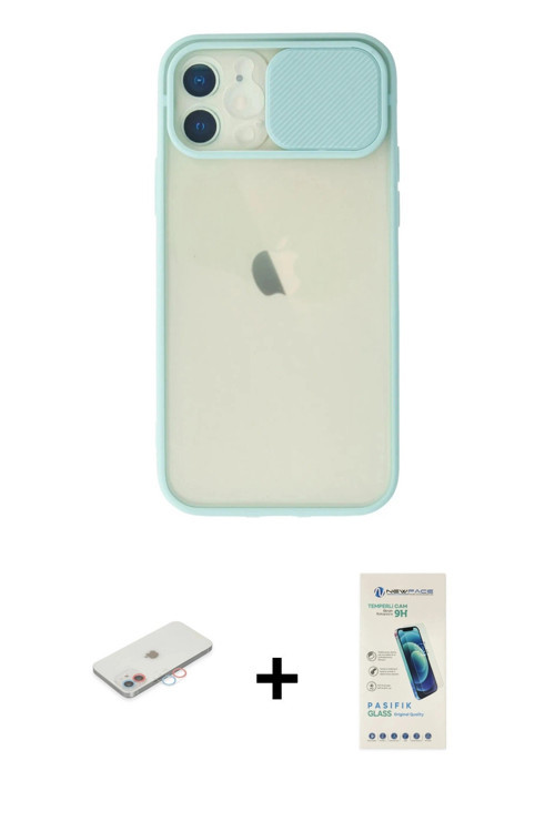 ieg™ iPhone 12 Kılıf Vadi Çizgi - Şeffaf Pasifik Cam Ekran Koruyucu + Pembe Renkli Kamera Lens Korum