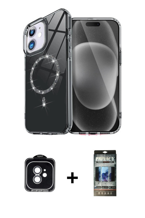 ieg™ iPhone 11 Kılıf Kıvılcım Form Prime - Siyah 34D Hayalet Izgaralı Cam + Yeşil PVD Metal Kamera L