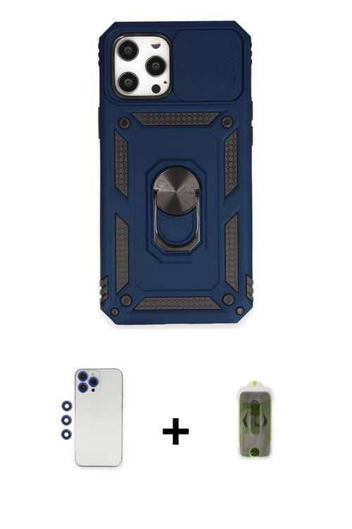 ieg™ iPhone 12 Pro Max Kılıf Ahenk Klasik - Siyah Joko Magic 5D Hayalet Cam + Lacivert Shine Kamera