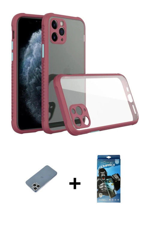 ieg™ iPhone 11 Pro Kılıf Nova Asil Özel Seri - Siyah 34D Izgaralı Cam + Gümüş Shine Kamera Lens Koru