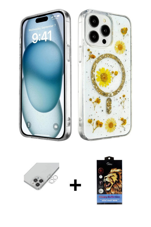 ieg™ iPhone 14 Pro Max Kılıf Kozmos Doku - Siyah Buffer Hayalet Cam Ekran Koruyucu + Gümüş Band Meta