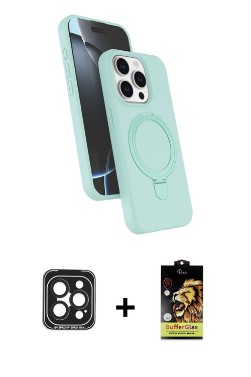 ieg™ iPhone 15 Pro Max Kılıf İz Işık Koleksiyonu - Siyah Buffer Cam Ekran Koruyucu + Siyah PVD Metal