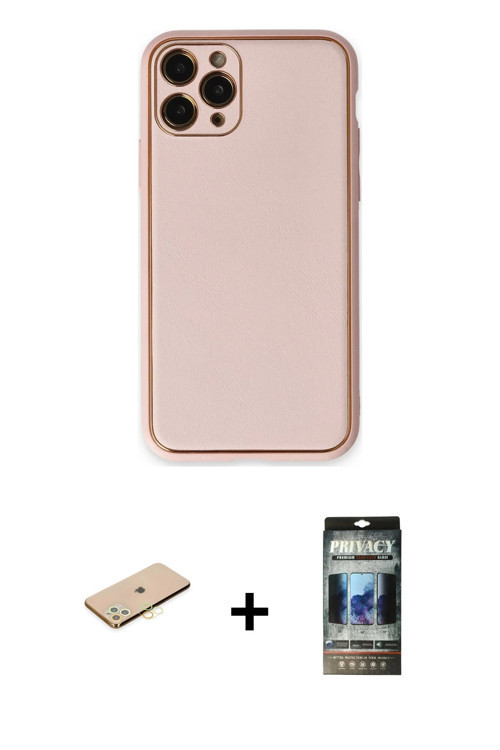 ieg™ iPhone 11 Pro Kılıf Yadigar Klasik - Siyah 34D Hayalet Izgaralı Cam + Pembe Renkli Kamera Lens