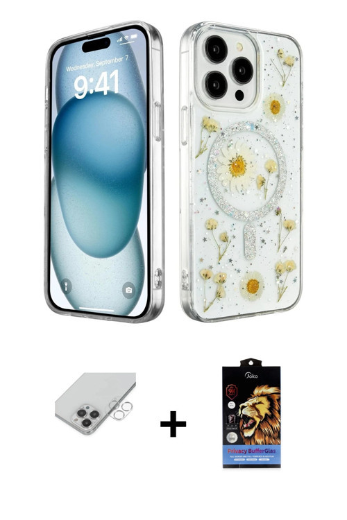 ieg™ iPhone 14 Pro Max Kılıf Kozmos Doku - Siyah Buffer Hayalet Cam Ekran Koruyucu + Gümüş Band Meta
