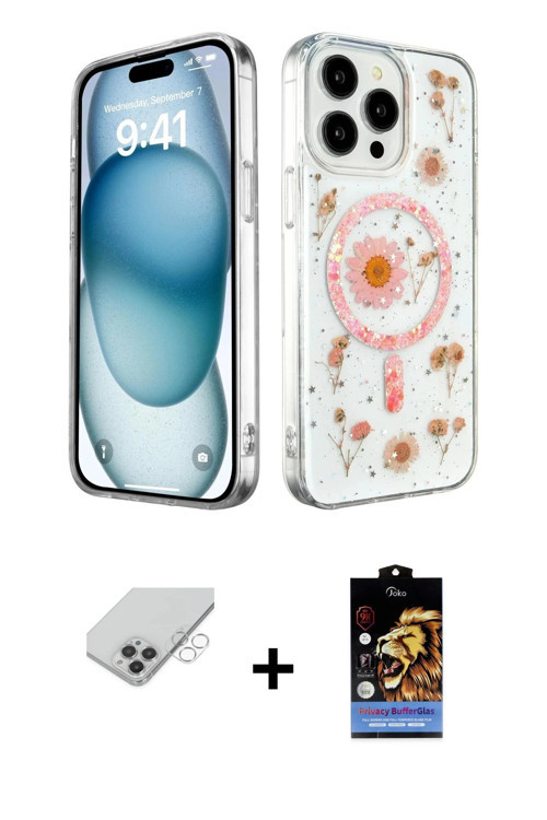 ieg™ iPhone 14 Pro Max Kılıf Kozmos Doku - Siyah Buffer Hayalet Cam Ekran Koruyucu + Gümüş Band Meta
