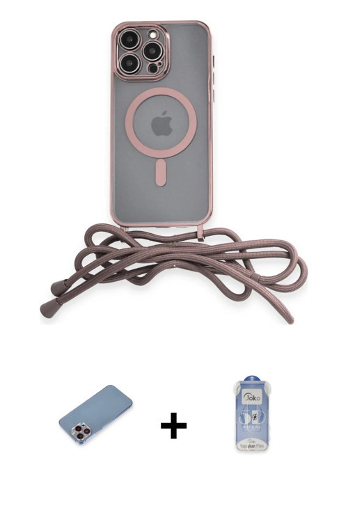ieg™ iPhone 12 Pro Max Kılıf Eksen Özel Seri - Siyah Joko Magic 5D Cam + Pembe Shine Kamera Lens Kor