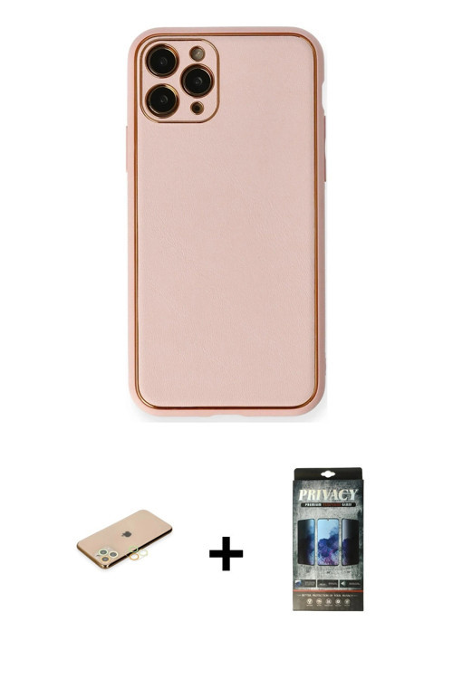 ieg™ iPhone 11 Pro Kılıf Yadigar Klasik - Siyah 34D Hayalet Izgaralı Cam + Pembe Renkli Kamera Lens