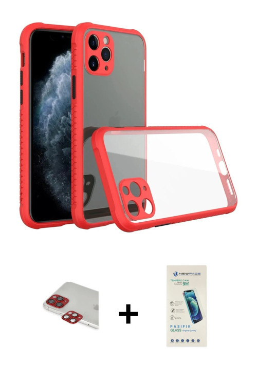 ieg™ iPhone 11 Pro Max Kılıf Nova Asil Özel Seri - Şeffaf Pasifik Cam Ekran Koruyucu + Kırmızı Pers