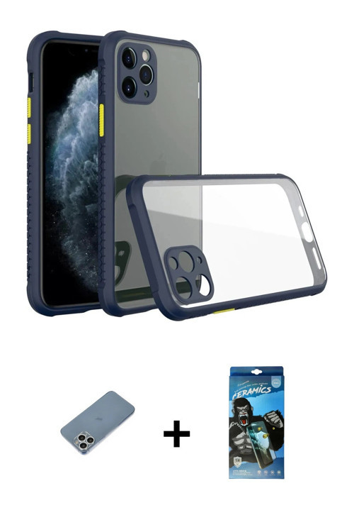 ieg™ iPhone 11 Pro Kılıf Nova Asil Özel Seri - Siyah 34D Izgaralı Cam + Gümüş Shine Kamera Lens Koru