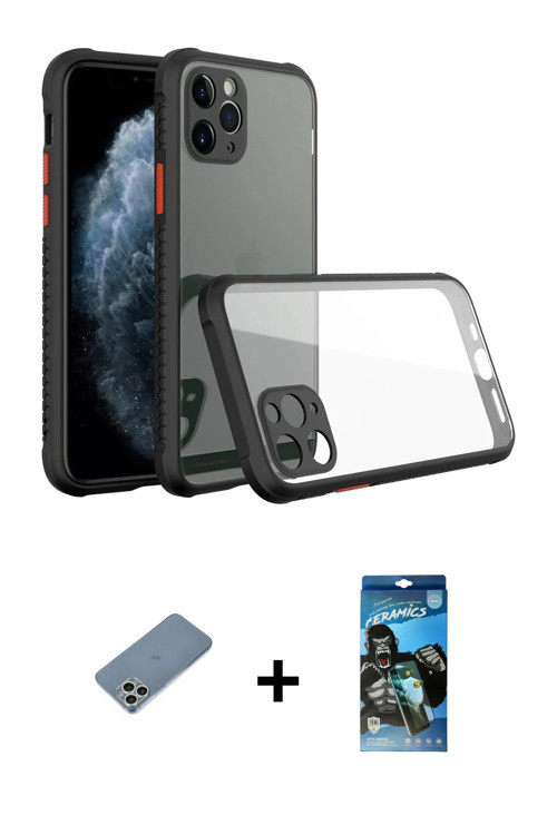 ieg™ iPhone 11 Pro Kılıf Nova Asil Özel Seri - Siyah 34D Izgaralı Cam + Gümüş Shine Kamera Lens Koru