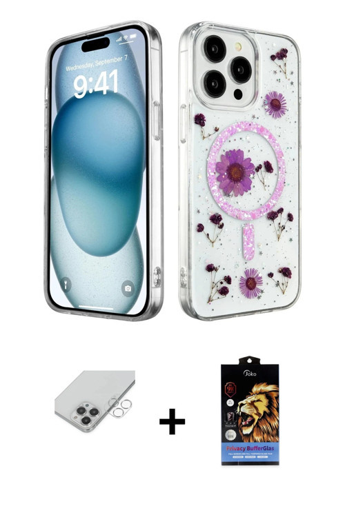 ieg™ iPhone 14 Pro Max Kılıf Kozmos Doku - Siyah Buffer Hayalet Cam Ekran Koruyucu + Gümüş Band Meta
