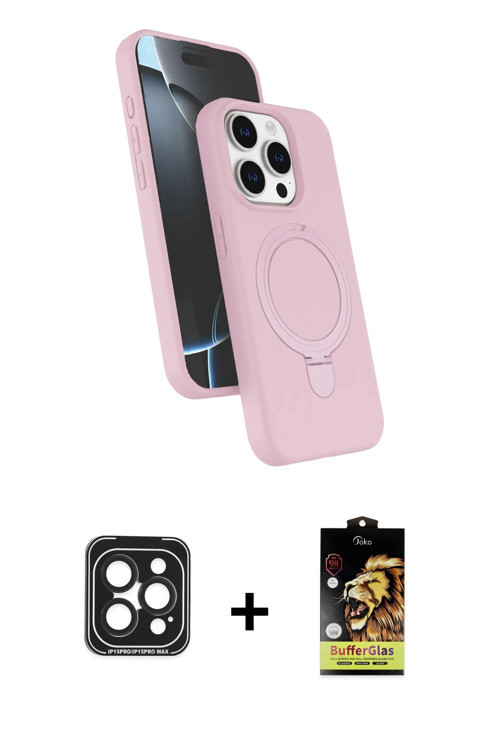 ieg™ iPhone 15 Pro Max Kılıf İz Işık Koleksiyonu - Siyah Buffer Cam Ekran Koruyucu + Siyah PVD Metal