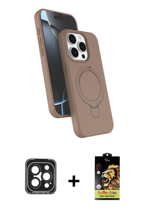ieg™ iPhone 15 Pro Max Kılıf İz Işık Koleksiyonu - Siyah Buffer Cam Ekran Koruyucu + Siyah PVD Metal