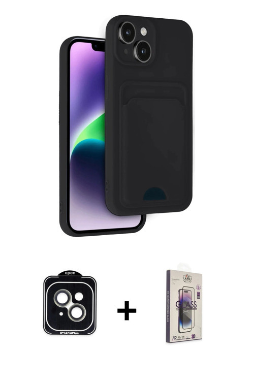 ieg™ iPhone 14 Kılıf Vadi Çizgi Prime - Siyah Bilvis 3D Cam Ekran Koruyucu + Yeşil PVD Metal Kamera