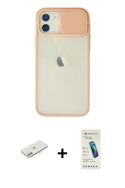 ieg™ iPhone 12 Kılıf Vadi Çizgi - Şeffaf Pasifik Cam Ekran Koruyucu + Pembe Renkli Kamera Lens Korum
