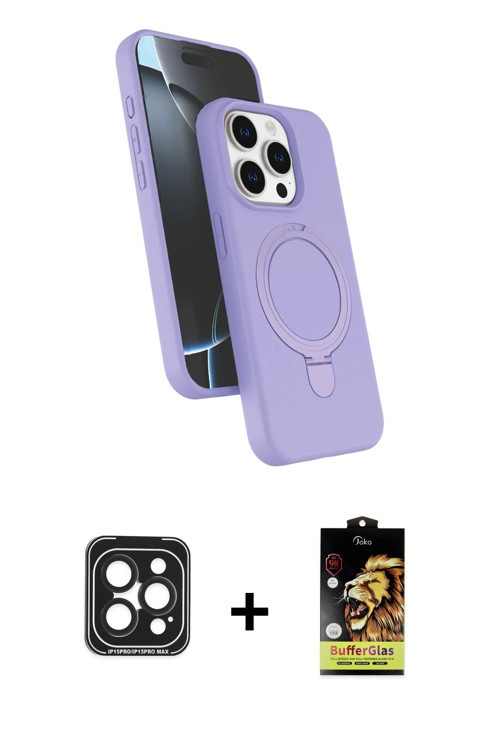 ieg™ iPhone 15 Pro Max Kılıf İz Işık Koleksiyonu - Siyah Buffer Cam Ekran Koruyucu + Siyah PVD Metal
