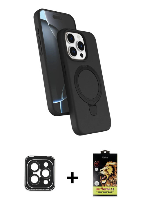 ieg™ iPhone 15 Pro Max Kılıf İz Işık Koleksiyonu - Siyah Buffer Cam Ekran Koruyucu + Siyah PVD Metal