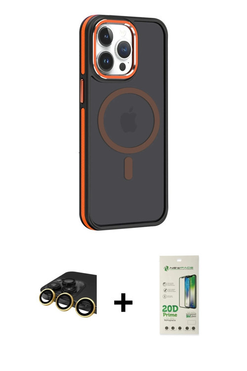 ieg™ iPhone 14 Pro Kılıf Yörünge Klasik - Siyah 20D Premium Cam Ekran Koruyucu + Gold Raze Metal Kam