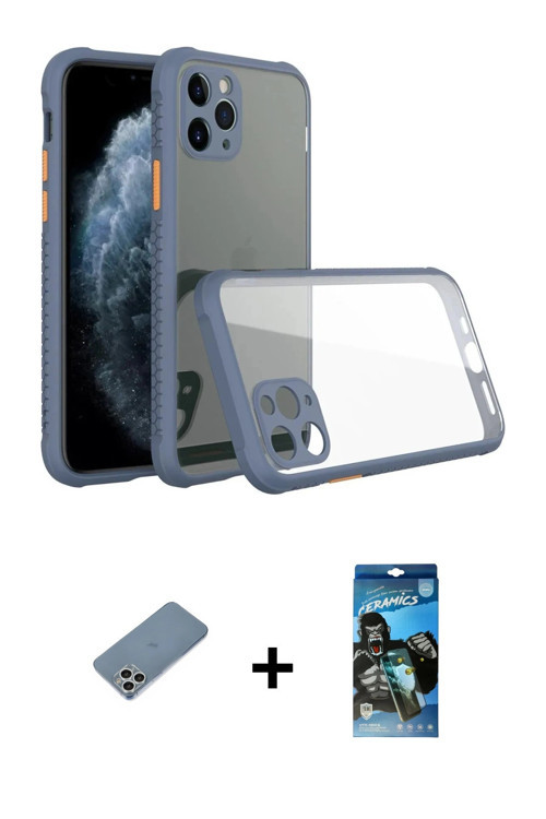 ieg™ iPhone 11 Pro Kılıf Nova Asil Özel Seri - Siyah 34D Izgaralı Cam + Gümüş Shine Kamera Lens Koru