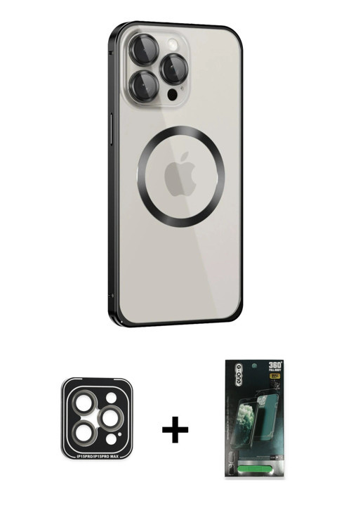 ieg™ iPhone 15 Pro Max Kılıf Ahenk Işık Serisi - Şeffaf 360 Full Body Arka Koruyucu + Gri PVD Metal