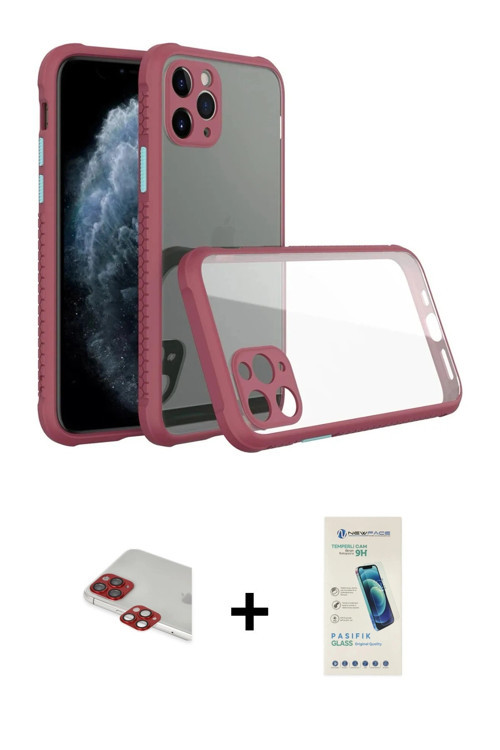 ieg™ iPhone 11 Pro Max Kılıf Nova Asil Özel Seri - Şeffaf Pasifik Cam Ekran Koruyucu + Kırmızı Pers